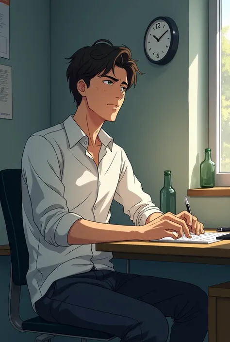  German (25 years old)  wearing a white shirt,  his pants at the desk with a tired face.  He sighed a little ,  looked at the clock ,  then left the desk . anime. Anh đức  looked at the clock  rồi rời đi