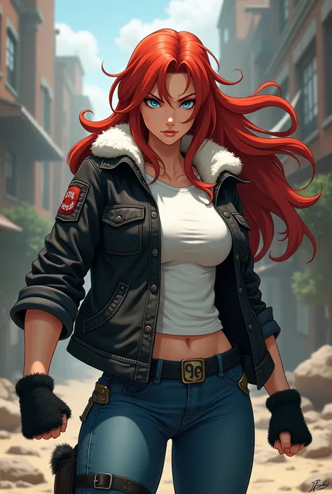 a tall, muscular woman. your skin is fair,  she has blue eyes and long red hair . She wears a black jacket with a white fuzzy part on the collar,  with a white t-shirt underneath .  She wears blue jeans with fuzzy black boots . She holds your ,  fists as i...