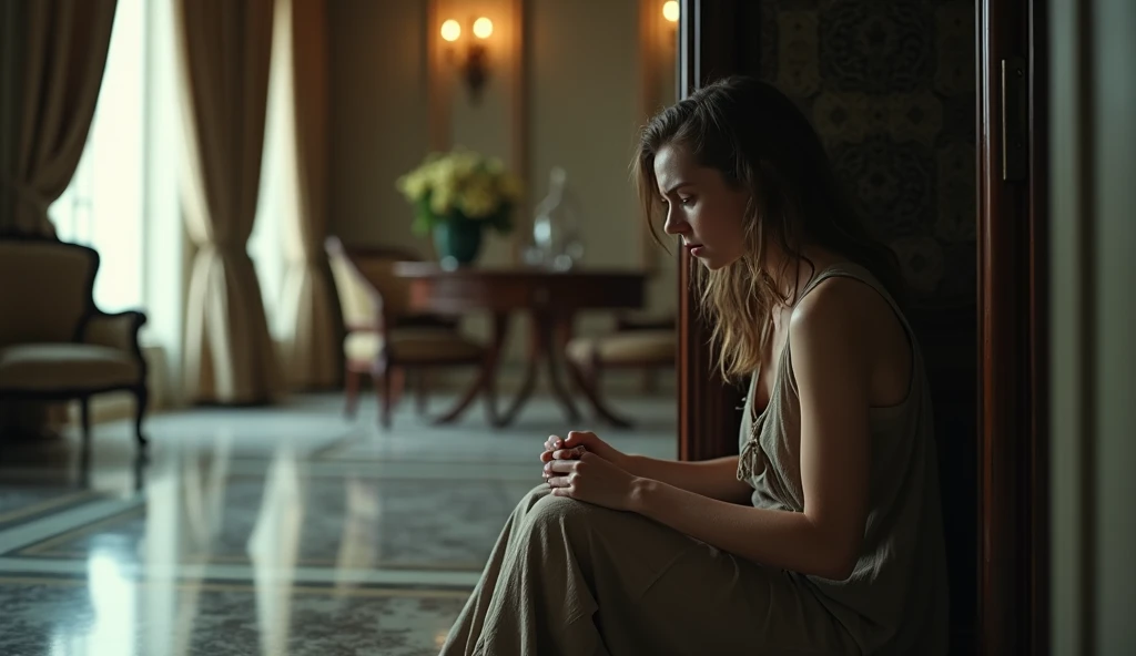 Inside the newly built, grand mansion, the young woman is shown sitting in a dark corner of a lavish room, her face filled with distress and longing. She is wearing simple, worn clothing, and her hands are clasped together in desperation. Her eyes are down...