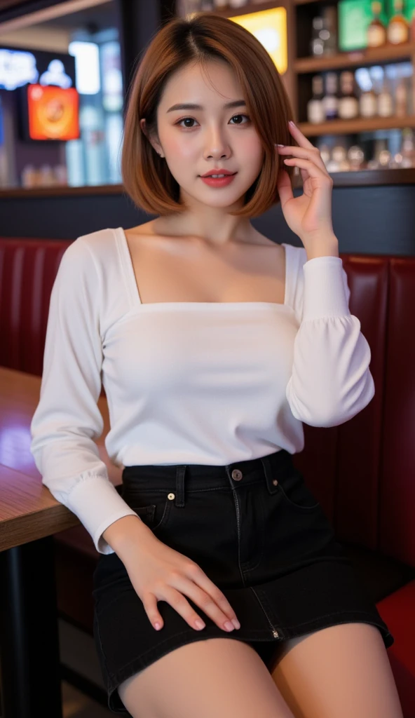 Gorgeous Thai woman is sitting at nightclub. Bob curve in hair style, golden color. Innocent, youthful facial features. natural makeup with coral lipstick. Wearing white square neck shirt, A black low waist jean skirt streetwear clubwear casual zipper clos...