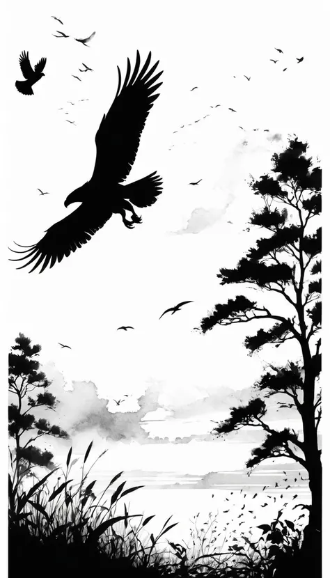 Flying Bird Silhouette, great eagle hounting for rabbit, black and white ink painting