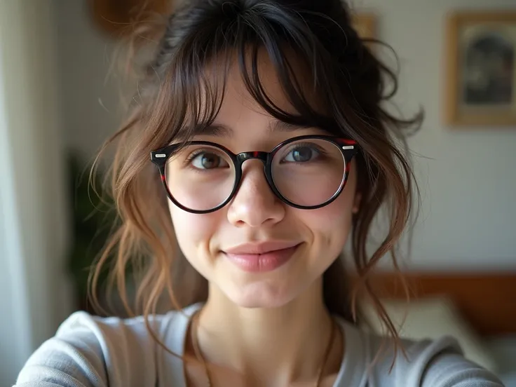 Messy girl, messy hair, glasses, selfie, real photo