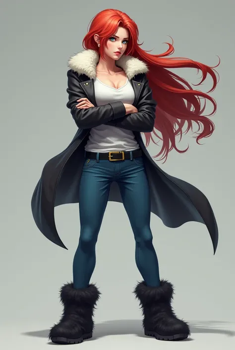 a tall, muscular woman. your skin is fair,  she has blue eyes and long red hair . She wears a black jacket with a white fuzzy part on the collar,  with a white t-shirt underneath .  She wears blue jeans with fuzzy black boots . she crosses her arms. She ha...