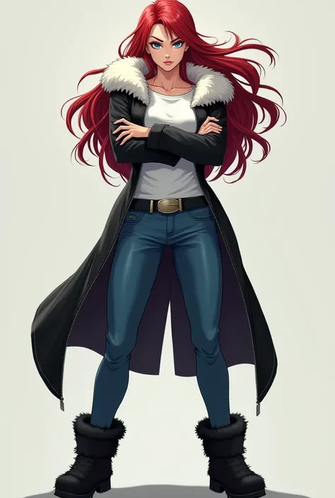 a tall, muscular woman. your skin is fair,  she has blue eyes and long red hair . She wears a black jacket with a white fuzzy part on the collar,  with a white t-shirt underneath .  She wears blue jeans with fuzzy black boots . she crosses her arms. She ha...