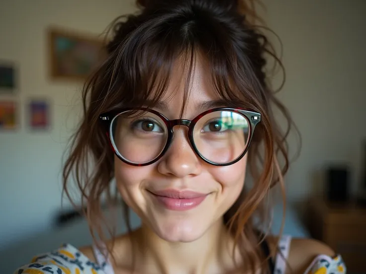 Messy girl, messy hair, glasses, selfie, real photo