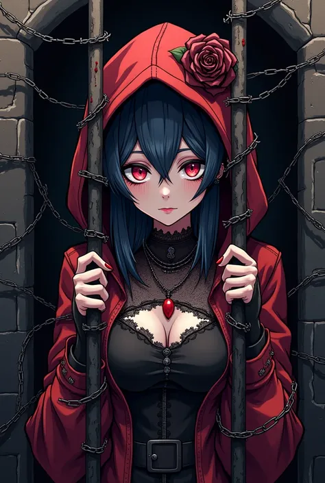  Beautiful anime picture , vector art,  gothic-style ,  bloody ,  and chained with barbed wire. Being inside bars . Dark wall ,  vivid and dynamic color .  black background .  Pictures focus on clothes and faces. vector art