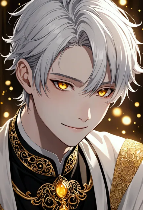 The expression of a teenage male with white skin and silver hair ,  with golden eyes .  creates a mysterious atmosphere,  smiles lightly 