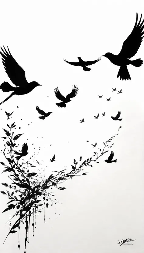 Flying Bird Silhouette, key of flying birds, black and white ink painting