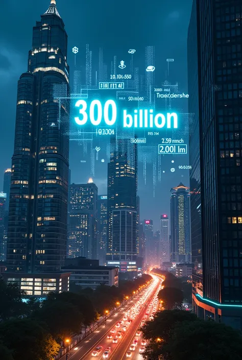 Photorealistic image of Jakartas financial district at night, with holographic projections of cryptocurrency symbols and the number "300 billion" floating above the skyscrapers. High detail, 8k, realistic reflections, ray tracing.