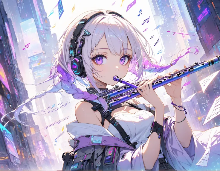  cyberpunk ,  long white and purple gradation braided hair sparkles,  beautiful girl playing the flute ,  there are lots of musical notes around her , (Flying notes :1.4), ( chest hanging from behind :1.3),  staring at the camera 