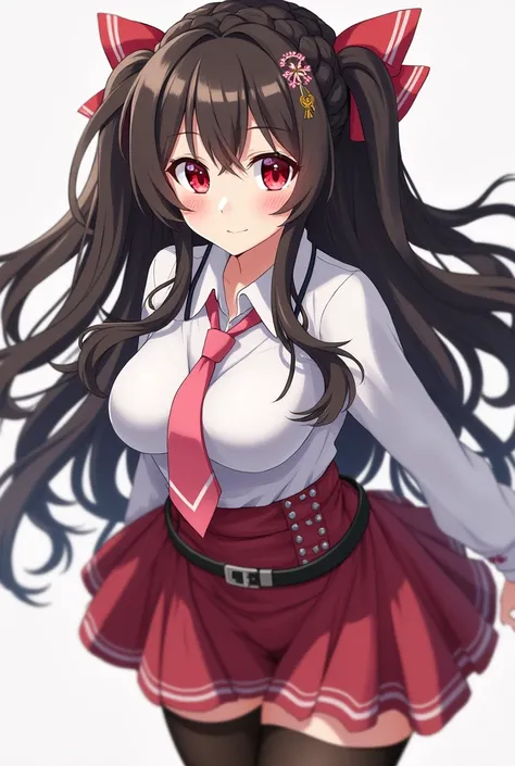   masterpiece ,  best quality,  high resolution , yunyun1, 1 ,  red eyes, Alone, Thigh High, gravata, skirt, Braid,  long hair, pink gravata,  Big breasts , ,   wide hips, wide thighs, belt,  hair ornaments,  black hair, Hair bow, Braided crown, long sleev...