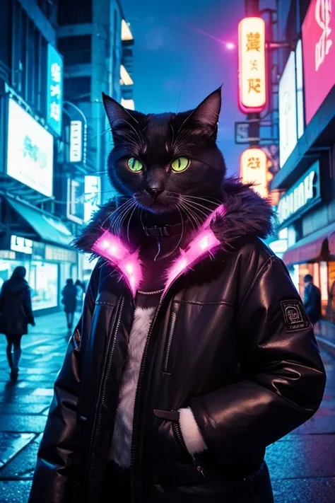  Please draw an illustration of a cat in a cyberpunk city with shining neon lights。 cats with big eyes and fluffy coat 、It has big eyes 、 is a collar with a futuristic design 。 There are mechanical pipes and wiring in the background 、 Please give it an ove...