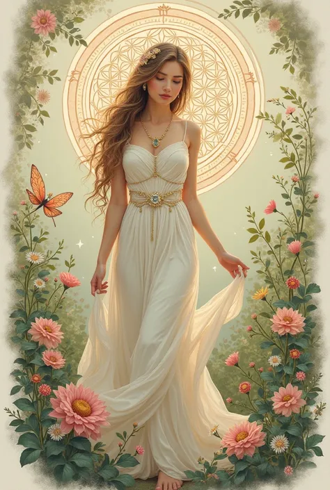  Illustration of the card of the Empress of the tarot but in a tender way, in pastel tones, very feminine mixed with flower of life and fairies 