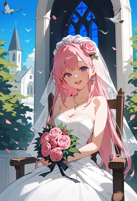 1girl, solo, long hair, looking at viewer, blush, smile, open mouth, hair ornament, holding, jewelry, bare shoulders, purple eyes, pink hair, outdoors, day, hair flower, white dress, necklace, blue sky, tree, bird, rose, chair, pink flower, strapless dress...