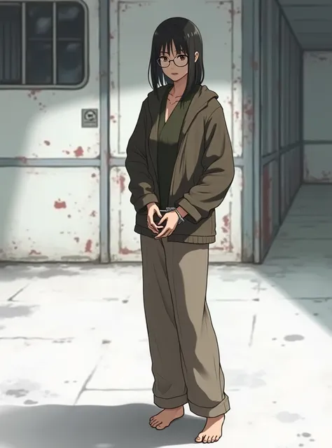 A Japanese beauty convict wearing round-rimmed glasses stands barefoot at the entrance of the police station provocatively，Uncuffing a handcuff ，