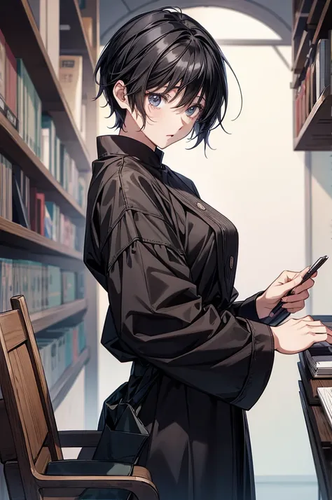 anime female, short black hair, writing in book