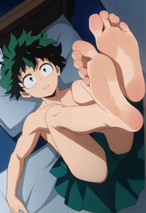 Score_9, score_8_up, source_anime, 1boy, big eyes, Midoriya Izuku, alone, looking at viewer, in his bedroom, night, lying on the bed, lifting legs to show his soles, from above, cowboy shot, ANIME SCREENCAP, anime coloring, barefoot, perfect feet, anatomic...