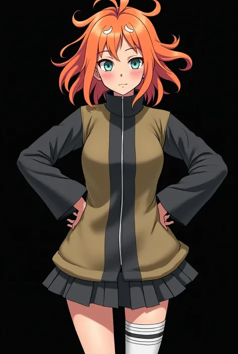 (photonaruto:2.3), Female Character from Naruto, Age: .  with a full body. Designed with the features of the anime Naruto . Height: 1,60 m,  Weight: 50 kg, hair: fire-colored orange plates with two white highlights on the front. loose hair. Light blue-gree...