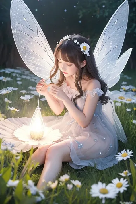  and the background is a gray gradation 、 I place a large daisy flower in the center 。 I draw a fairy sitting inside the flower 。 The fairy has transparent wings like a butterfly 、Im wearing a petal dress 。 I have decorations like water drops scattered aro...