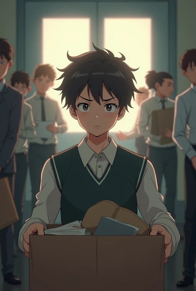 Footage of German boy in European trouser shirt packing, preparing for the break .  Footage shows colleagues around are quickly leaving ,  while Germany was busy with a lot of work . He sighed ,  tired face .   There was a scene of anime 