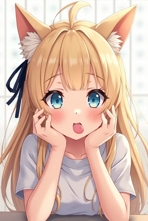  1 girl ,  open her mouth ,  blue eyes, Blonde, Cat ears,  sticks out his tongue ,  High Quality ,  long hair, chest, Animal ears loli,  blush,  rough breathing,  ahe face, ribbon, anime, 