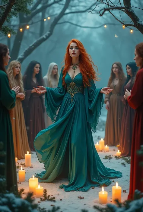  young witch  , Redhead, green-eyed and beautiful ,  in a blue dress and a coven, celebrating Yule .