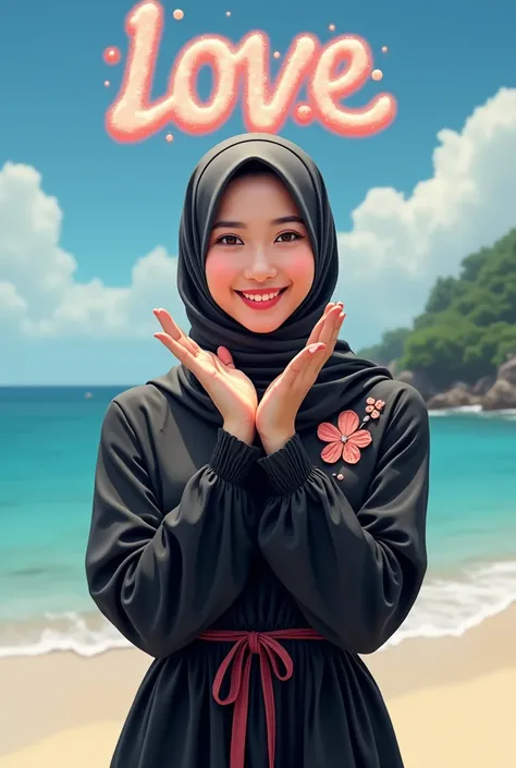 realistic portrait of an Indonesian woman wearing a hijab wearing a black dress with a sakura blossom motif combined with a small
ribbon at the waist, with her hands in a catching style and on top there is foam in the shape of love with the words "DECEMBER...