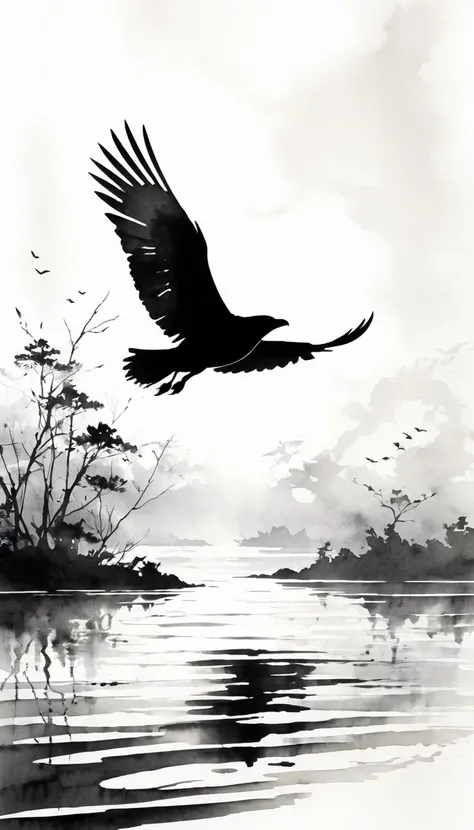 Flying Bird Silhouette, great eagle fly low above water , black and white ink painting