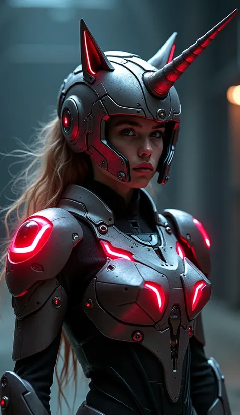 A dramatic portrayal of a girl wearing a Unicorn Gundam-inspired suit, illuminated by subtle underlighting. The armor features glowing red psycho-frame accents and reflective metallic textures, with a helmet that includes a detailed unicorn horn. The backg...