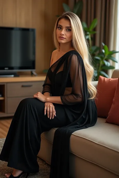 beautiful indian girl with long blond hair wearing a black saree with high heels  showing her big boobs in transparent blouse siiting on a couch with a air-conditioned and decorated room with a tv room a video