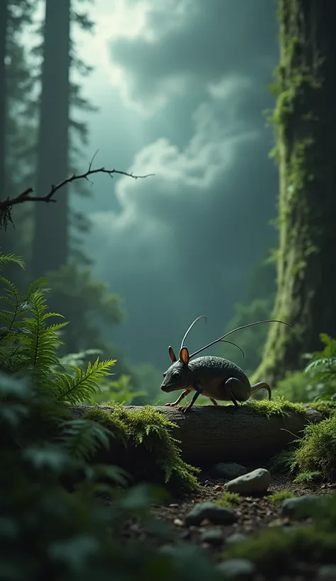 animal hybrid combination between mouse and cockroach in one frame, in a forest area and there are thunderclouds