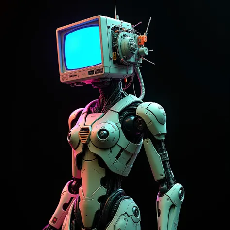 A full detailed illustration of a **futuristic robot-niji figure with elements of cybernetics**. In place of the head, there is a complex electronic device, composed of various technological components. Include an old CRT monitor displaying blue, exposed w...