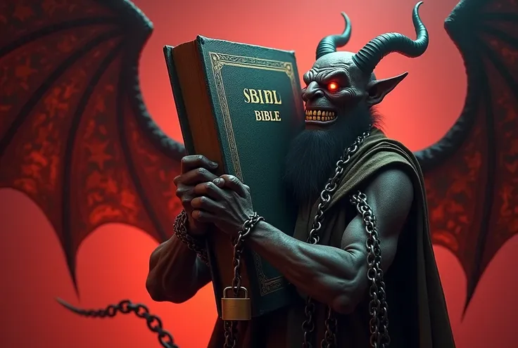  Create an image of a large and sturdy Bible being held by a demon with an iron chain and a padlock in the middle.  The Bible must be placed in the corner of the screen .  Incorporate persuasive and flashy colors to highlight the image . Please,  project t...