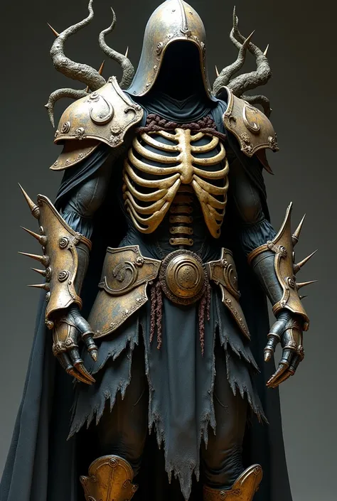  The torso is decorated with engravings of bones in relief ,  forming a macabre replica of a human rib cage . The plates are corroded and stained ,  as if time and battle had left indelible marks .  armor, the gauntlets end in sharp claws that seem designe...