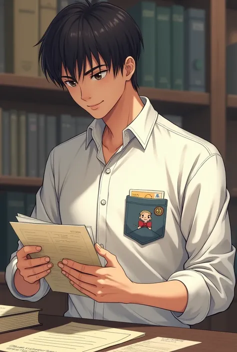 25 year old male character .  shirt . European pants.  Collects documents into anime drawing pocket