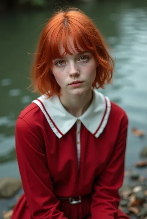  Make an EXTREMELY REALISTIC 15-year-old image! .  Make her with short red hair .  Also make her with beautiful charming eyes red ! Put some freckles on her .  Make her with a red school uniform , sitting on a river . ( realistic photo )