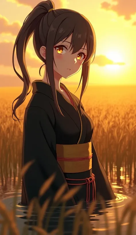 A girl in a kimono with a blank look stands waist-deep in a field of wheat, a black kimono with gold edges, her hair is tied in a ponytail, yellow eyes, the sunset is reflected in her eyes, the light falls on her face,