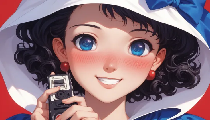  90s anime style ,  90s style , Of course, 80&#39;s style, (blush:1.7),  the highest quality , 8k, 1 woman, only, lofi girl, Arte Lofi, lofi feeling,  looking at the spectator, very large eyes, wearing 80&#39;s clothes, Upper Plane, close-up, smiling, olho...