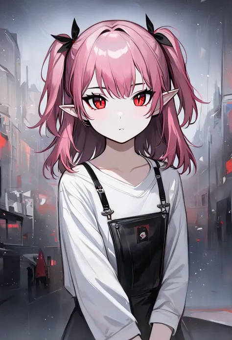 masterpiece, best quality,
(1 girl:1.2), ChopioKrul, two side up, pink hair, red eyes, (black pupils, slit pupils:1.1), pointy ears, flat chest, vampire, no headwear, alternate costume,(white shirt:1.4),(contemporary:1.1),
(artistic atmosphere:1.2),(oil pa...