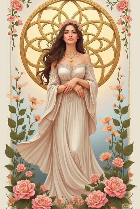  Illustration of the card of the Empress of the tarot but in a tender way, that inspires security,  happy,  very cute , very feminine in pastel colors ,  mixed with flower of life and fairies to set as wallpaper 