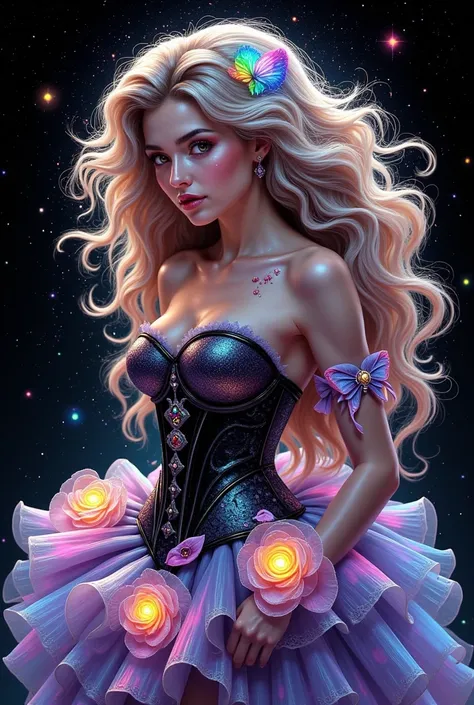  A stunning woman with rainbow glittery lips and eyelids, ice grey eyes that seem to gleam like polished opals, and long, flowing curly blonde hair with subtle, shimmering rainbow highlights that evoke the iridescence of a butterflys wings. Glowing, ethere...