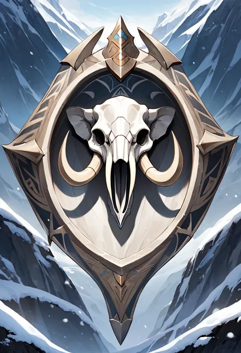 winter tribal fantasy shield bone-like, with a elephant skull with long tusks in the center, prespective from frontwards
