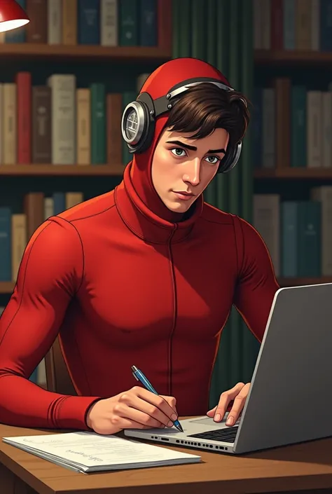 Male college character in a red diver writing an article called “love shouldnt hurt”