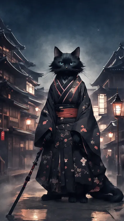 The black cat was dressed as an Onmyoji with a shamisen、The five-pointed star behind it 