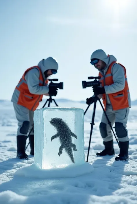  There is an ice cube with the body of a small strange animal in the Arctic

 within,  and two people in protective suits around him .  They also have several cameras on tripods . The scene was captured 