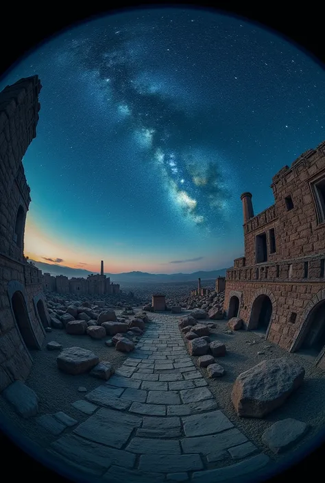 a vast ancient city at night, 360 degree panoramic view, first person perspective, fisheye lens, mystical starry night sky, endless stars that make you ponder the deep history, natural phenomena presented as ancient ruins, ARW