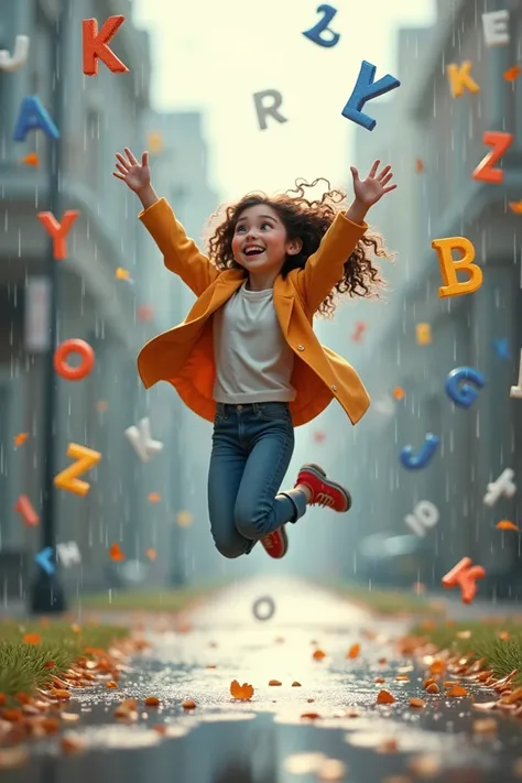 Beautiful girl jumping while it rains the letters of the alphabet,  animated image 