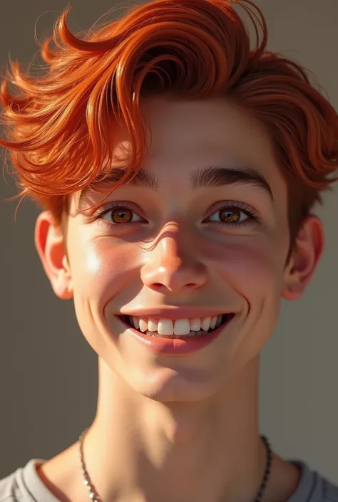 an 18 year old man,  he has light red hair , a bit tall and wavy ,  dark red eyes , light skin, And a beautiful smile ,  make an image of the face only,  an image in the style that has 2D and 3D