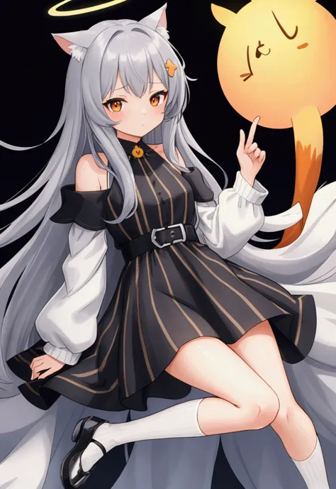 (masterpiece,  better quality),  1girl, {cocoons_bluearchive:1.15},  long hair,  orange eyes ,  grey hair, bang,  colorful hair, striped hair , animal ears, halo,  black dress, Striped dress, vertical-Striped dress,  pelvic curtain , white skirt, black jac...