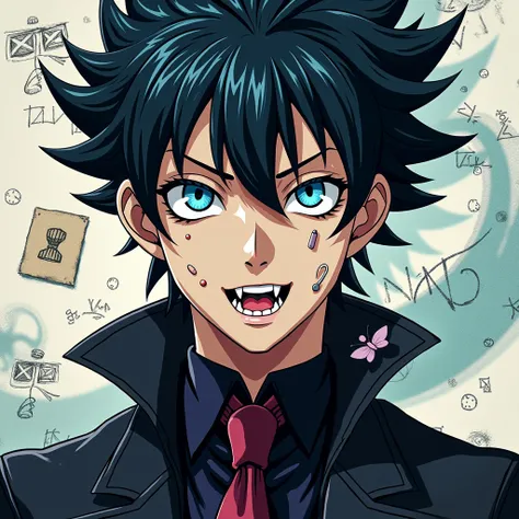 scientist,beautiful,maduro,optimistic, straight, spiky hair , sharp snake-tongued teeth, blue snake eyes ,elegant,Pisicopato smile , expectant look , scrawled art and anime version ,anime art